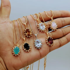 Oval Stone Crystal Halo Pendant Necklace - Each