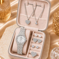Women Rhinestone Quartz Watch & Jewelry Set with Travel Case