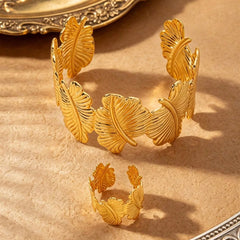 Women's Vintage Banana Leaf Gold-Plated Bracelet & Ring - 2 Pcs Set