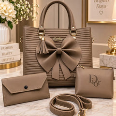 Ribbed Bow Handbag - 4 Piece Set