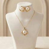 Gold Plated Square Framed Faux Pearl Pendant Necklace & Stud Earrings