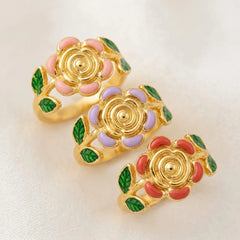 Enamel Rose Flower Leaf Ring