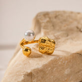 Stainless Steel Open Bypass Ring with White Pearl & Gold