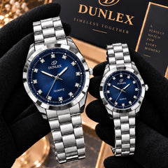 DUNLEX Luxury Couple Watch Pair Set – Brass Case, Steel Chain, Colorful Nugina Dial & Push-Button Lock