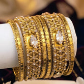 Rajwari Antique-Style Floral Bangles – Marquise & Crystal Stone Design - 6 Pcs