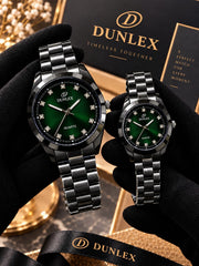 DUNLEX Luxury Couple Watch Pair Set – Brass Case, Steel Chain, Colorful Nugina Dial & Push-Button Lock