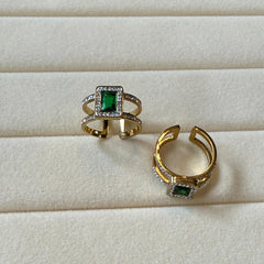 Gold Emerald Halo Double Band Adjustable Ring