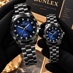 DUNLEX Luxury Couple Watch Pair Set – Brass Case, Steel Chain, Colorful Nugina Dial & Push-Button Lock