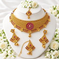 Traditional Bridal Jewelry Set – Gold-Plated Choker, Drop Earrings & Maang Tikka