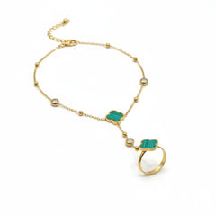 Gold Plated Four Leaf Clover Finger Bracelet with Ring