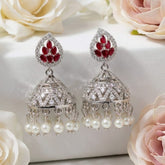Silver-Toned Cubic Zirconia Jhumka Earrings with Pearl Danglers