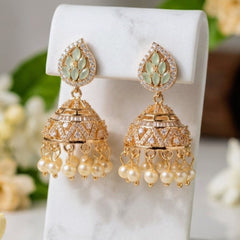 Silver-Toned Cubic Zirconia Jhumka Earrings with Pearl Danglers