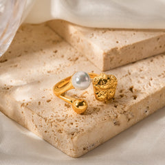 Stainless Steel Open Bypass Ring with White Pearl & Gold