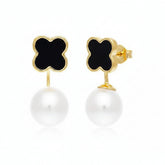 Stainless Steel Pearly And Black Clover Ear Jackets For Women & Girls - Each Pair