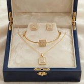 Gold Square Crystal Necklace Bangle and Earrings Jewelry Set