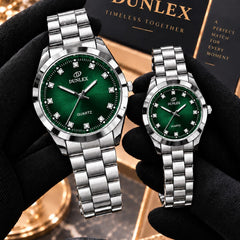 DUNLEX Luxury Couple Watch Pair Set – Brass Case, Steel Chain, Colorful Nugina Dial & Push-Button Lock