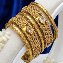 Rajwari Antique-Style Floral Bangles – Marquise & Crystal Stone Design - 6 Pcs