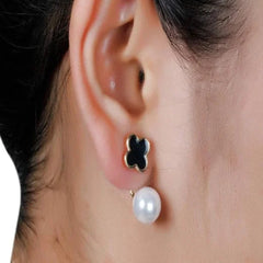 Stainless Steel Pearly And Black Clover Ear Jackets For Women & Girls - Each Pair