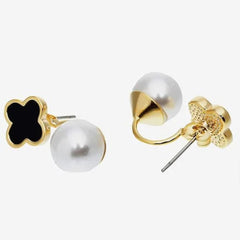 Stainless Steel Pearly And Black Clover Ear Jackets For Women & Girls - Each Pair