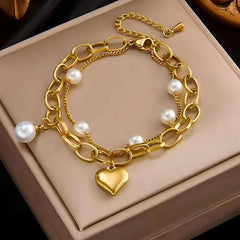 stainless steel charming double rope pearl bracelets with beautiful heart - Each