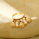 Stainless Steel Open Ring with Shell Charms & White Beads