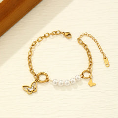 Stainless steel Butterfly Pearl Charm Bracelet - Each