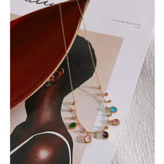 Stainless Steel Cubic Zirconia Multi-Color Geometric Necklace