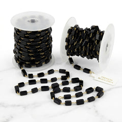 Black Onyx Smooth Square Rosary Beaded Chain Permanent Bracelet