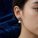 Navy Bow Pearl Drop Earrings - Each