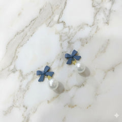 Navy Bow Pearl Drop Earrings - Each