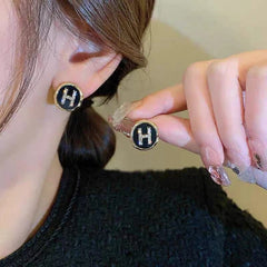 Korean Letter H Rhinestone Stud Earrings - Each