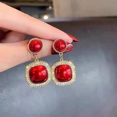 Red Geometric Rhinestone Statement Earrings - Each
