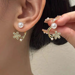Gold Floral Pearl Crystal Stud Earrings - Each