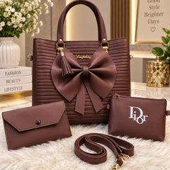 Ribbed Bow Handbag - 4 Piece Set