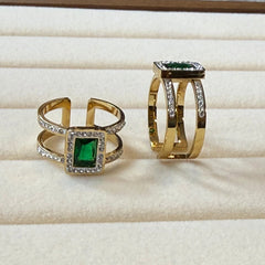 Gold Emerald Halo Double Band Adjustable Ring