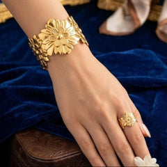 Stainless Steel floral cuff bracelet and Ring - 2 Pcs set