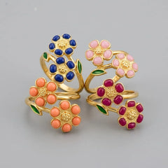 Gold Double Flower Enamel Ring