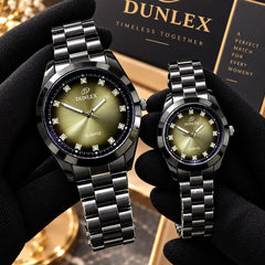 DUNLEX Luxury Couple Watch Pair Set – Brass Case, Steel Chain, Colorful Nugina Dial & Push-Button Lock