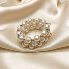 Triple Strand Pearl & Crystal Gold Accented Bangle Bracelet