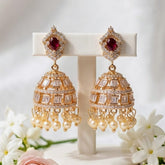 Elegant Gold-Plated Jhumka Earrings with White Zircon & Pearl Drops