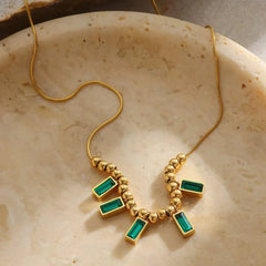 Gold Plated Green Rectangular Zircon Gemstone Charm Necklace