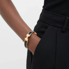 Gold Plated Gold H Letter Clasp Black Enamel Bangle