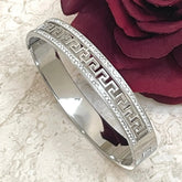 Stainless Steel Silver Greek Key Engraved Bangle Bracelet