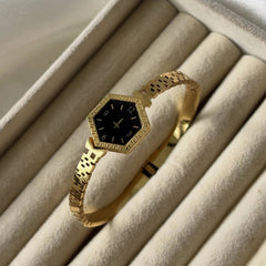 Gold Hexagon Case Black Dial Mesh Bangle Watch