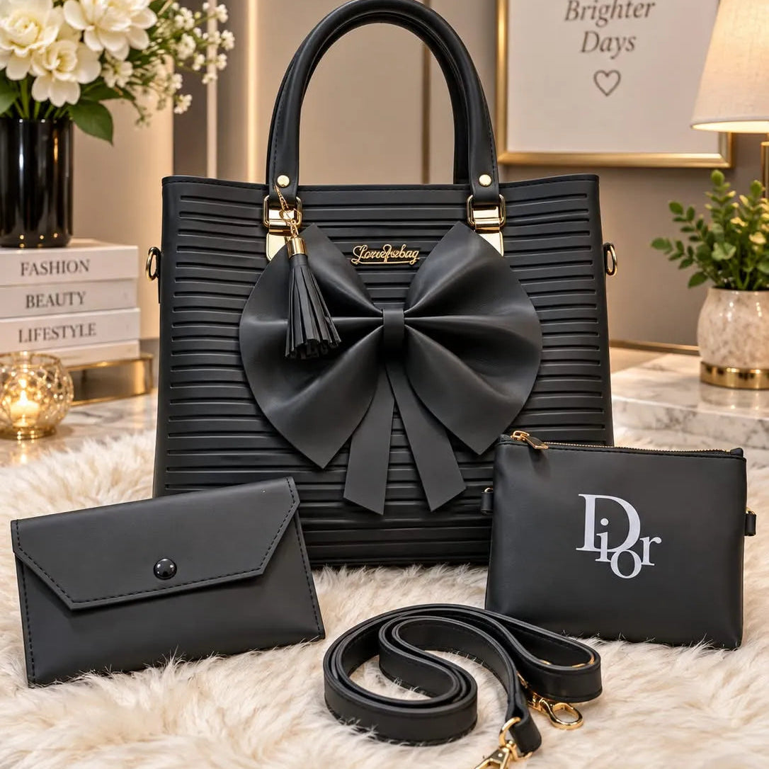 Ribbed Bow Handbag - 4 Piece Set