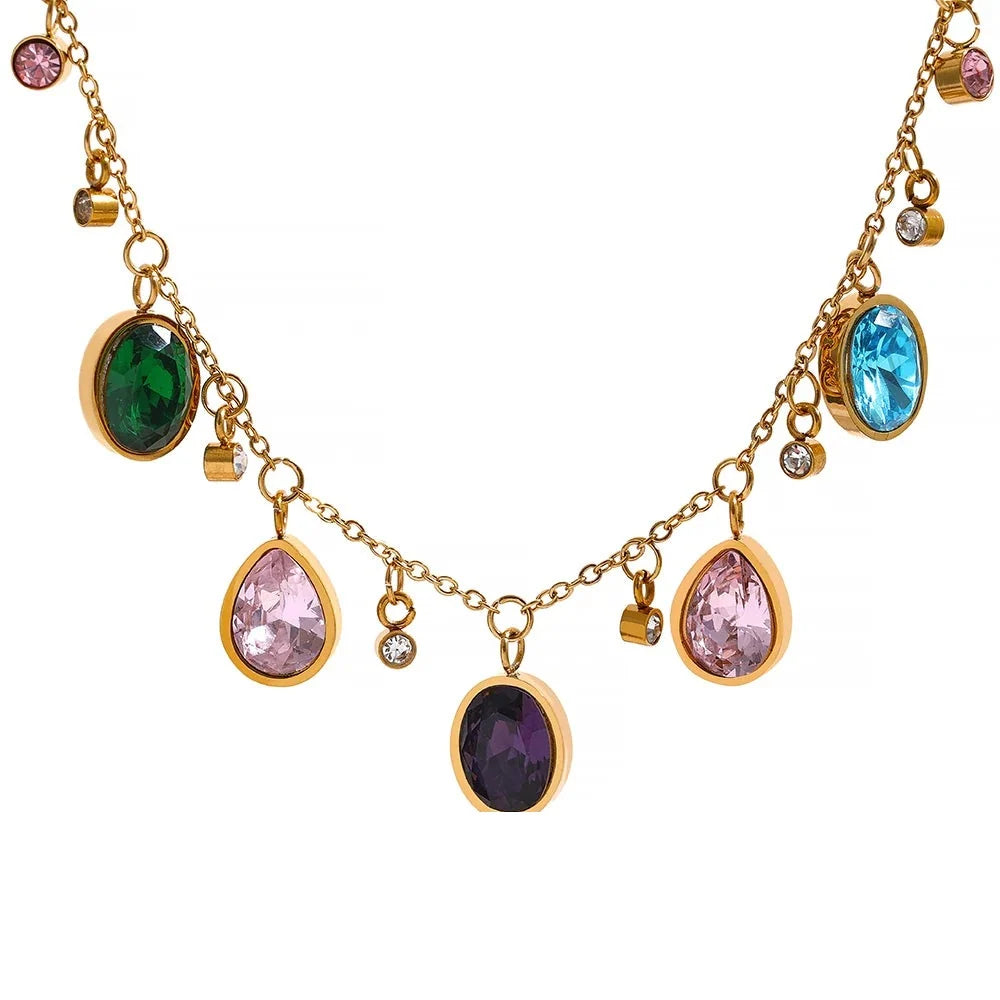Stainless Steel Cubic Zirconia Multi-Color Geometric Necklace