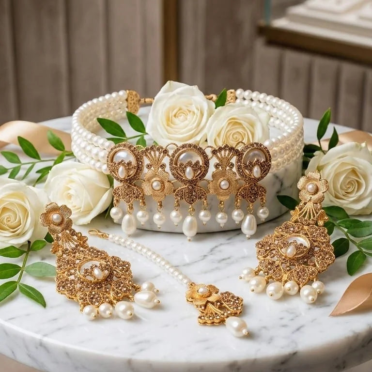 Elegant Gold Plated Pearl Choker Jewelry Set