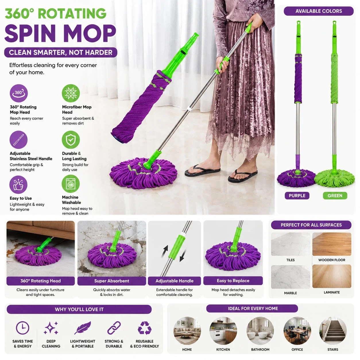 Self-Wringing Twist Mop with Extendable Stainless Steel Handle for Multi-Use Home Cleaning-Each