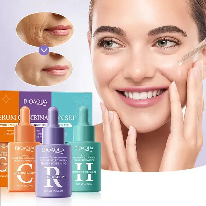 Bioaqua 3‑in‑1 Whitening Anti‑Wrinkle Hyaluronic Acid Serum - 30ml Each