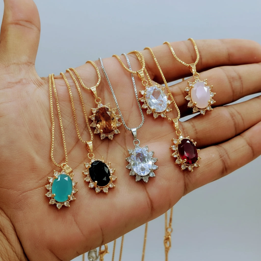 Oval Stone Crystal Halo Pendant Necklace - Each